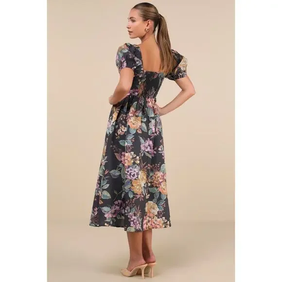 NWT Lulus Adorable Tendencies Dark Grey Floral Puff Sleeve Midi Dress Party XL - Picture 3 of 9